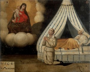 Een man in bed tijdens een ziekte; links dezelfde man die bidt tot de Madonna van de Boog voor de genade die hij ontving, Ex-voto, 1603